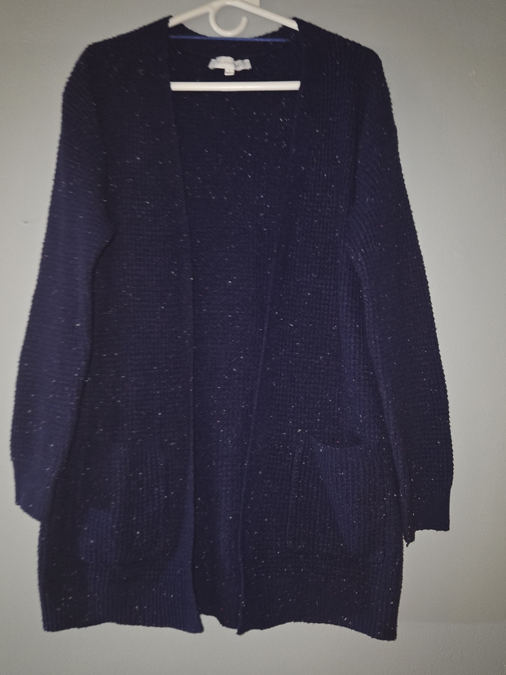 Madison Grey Navy Blue Speckled Flecked Open Front Pocket Cardigan Large